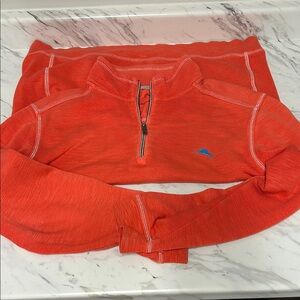 Tommy Bahama Coral Red 1/4 Zip Cowl Pullover with Blue Logo